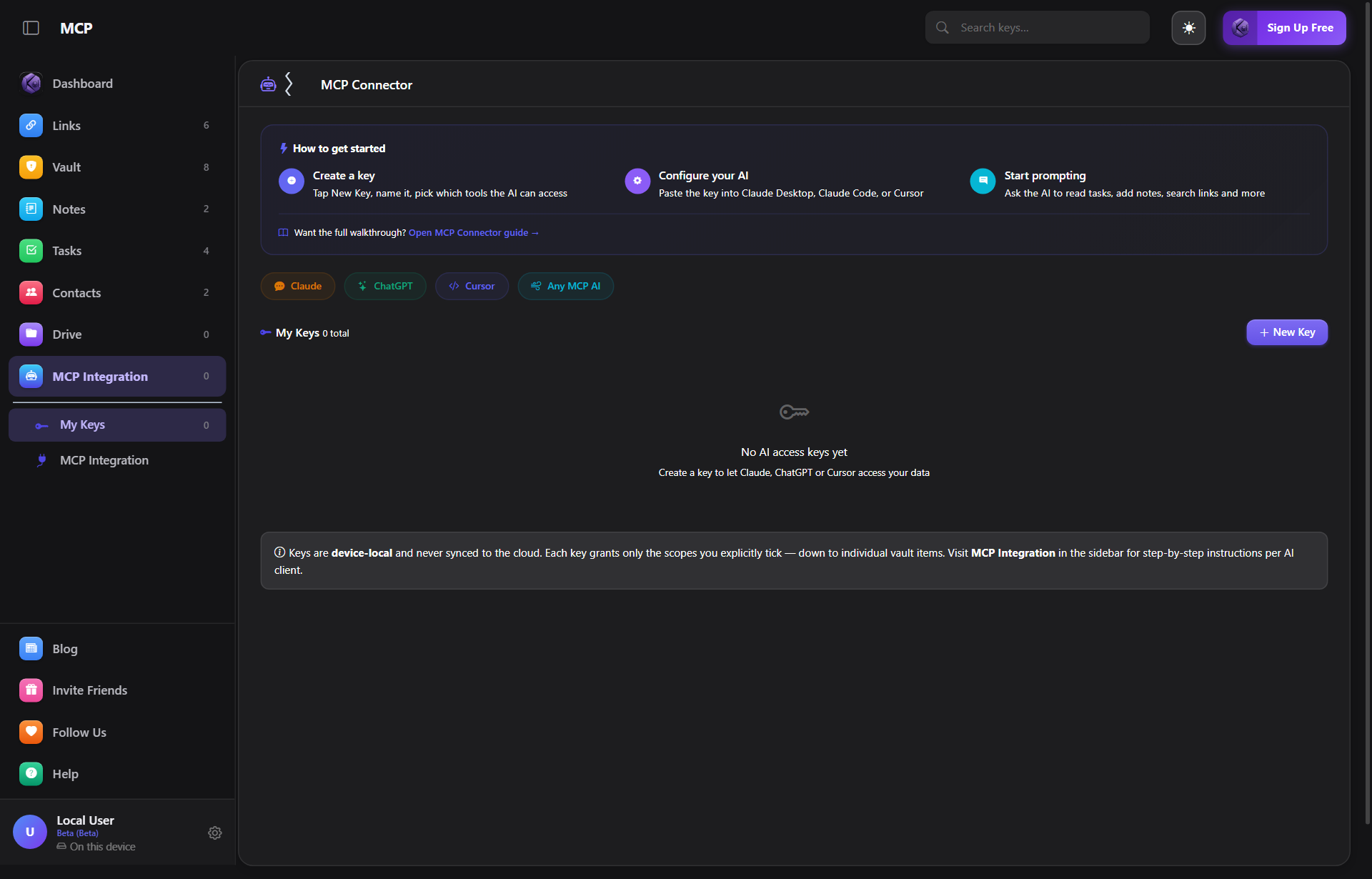 Keepra MCP Connector screen with the How to get started steps, client tabs for Claude, ChatGPT and Cursor, and a New Key button