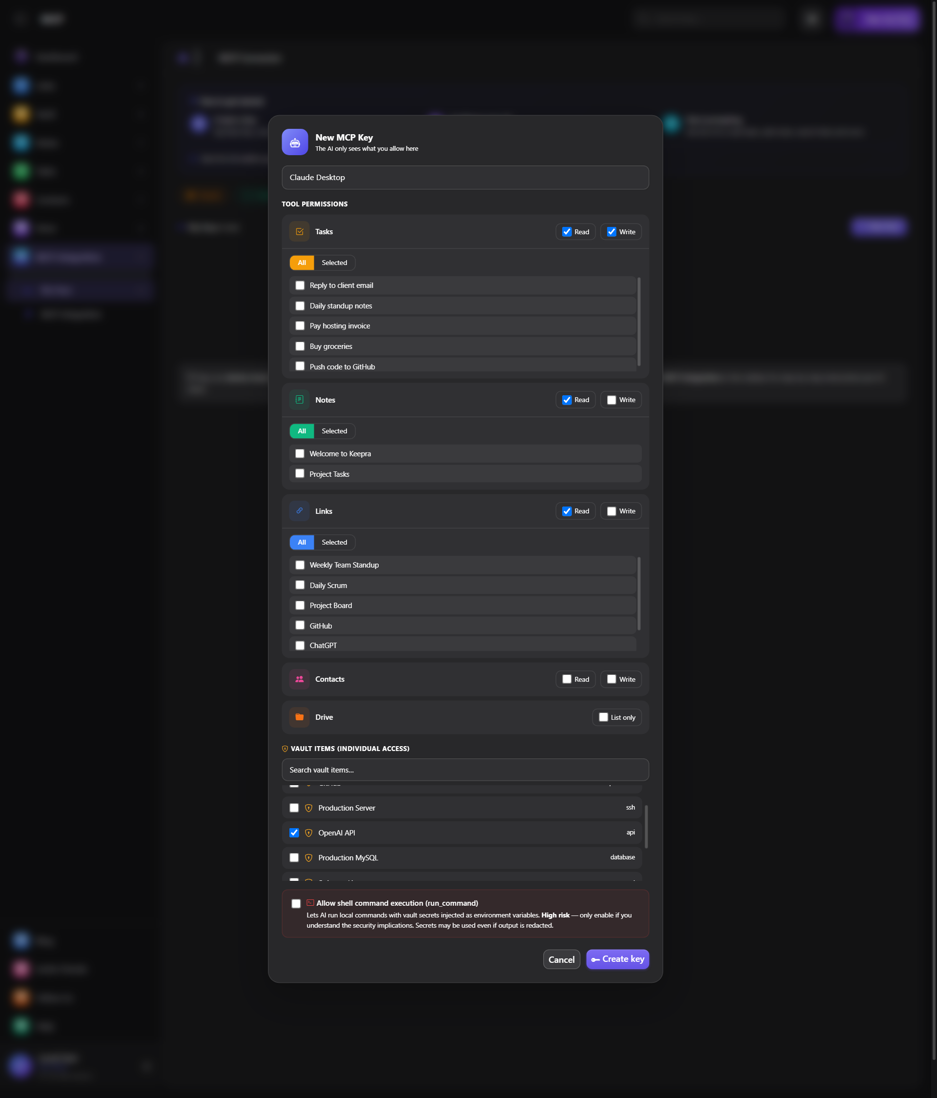 The New MCP Key popup open over the Keepra app, with the key named Claude Desktop, Tasks read and write plus Notes and Links read ticked, and the OpenAI API item checkbox ticked under Vault Items (individual access)